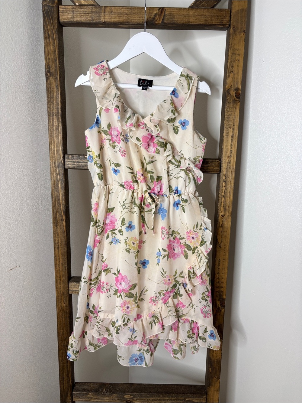 lilt Cream Floral Ruffle Wrap Dress with Pink & Blue Blooms Size 7